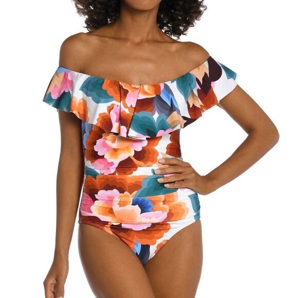 La Blanca Other - La Blanca Floral Rhythm Off Shoulder Ruffle One Piece